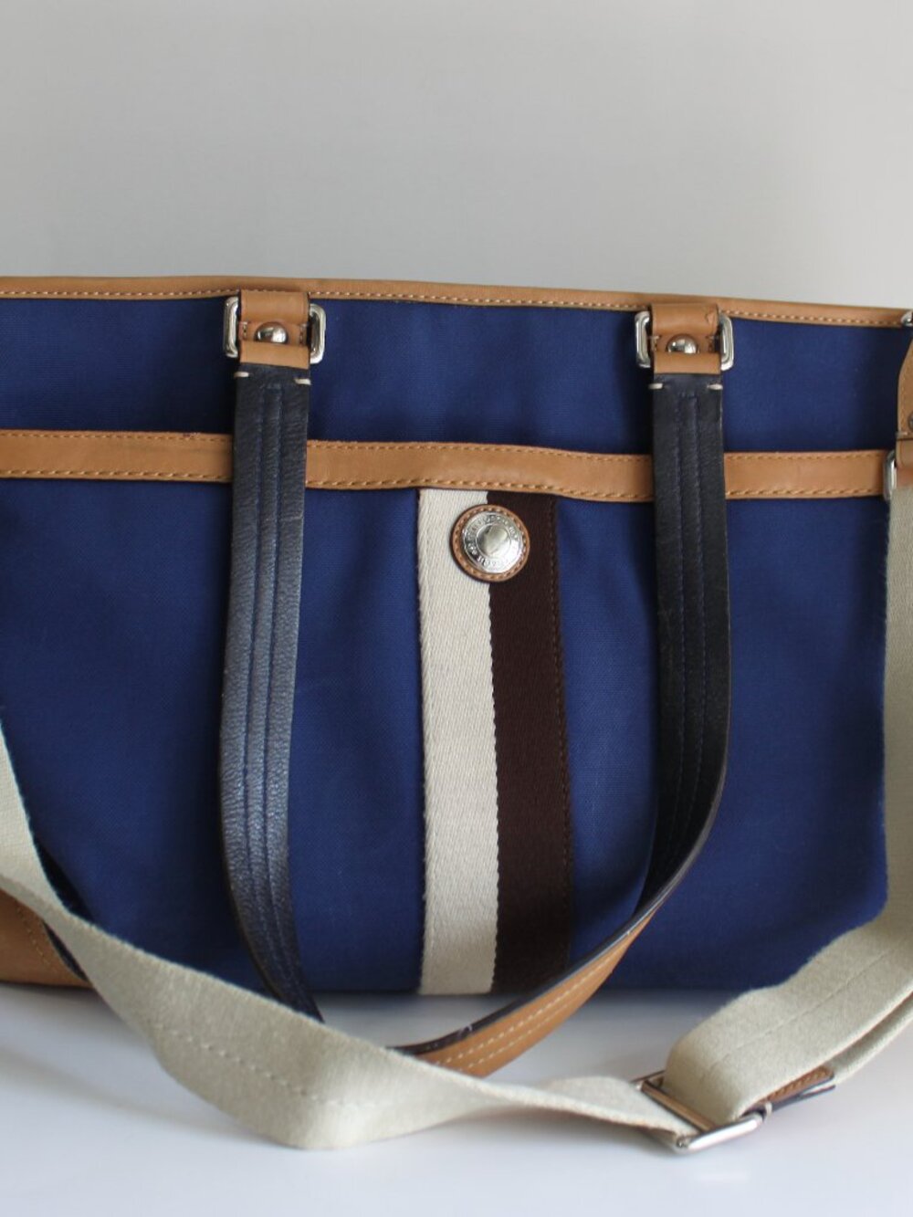 Coach Navy Blue Canvas Diaper Bag - Tan Leather Trim - Changing Pad Included 🍼⚓